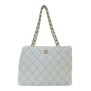 CHANEL Wild Stitch Handbag, Women's Designer Tote Bag, White Leather with Gol...